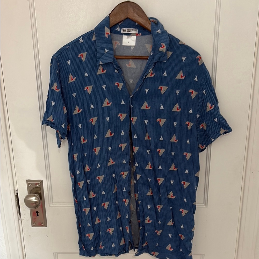 Blue and Red Casual Button Down Shirt with Relaxed Fit